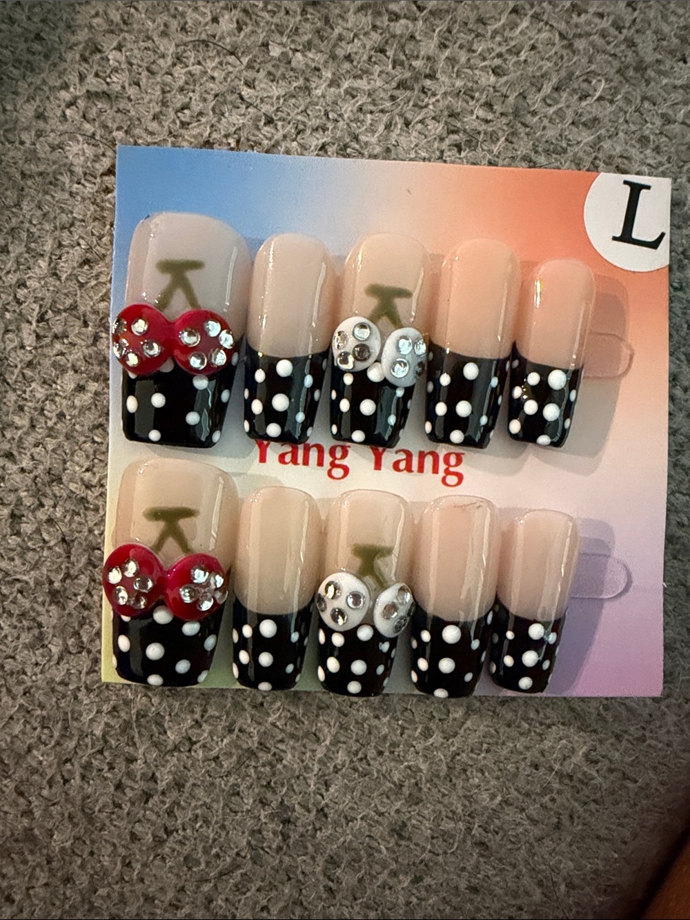 Handmade Black & Polka Dot acrylic Press-On Nails with Red and white cherries